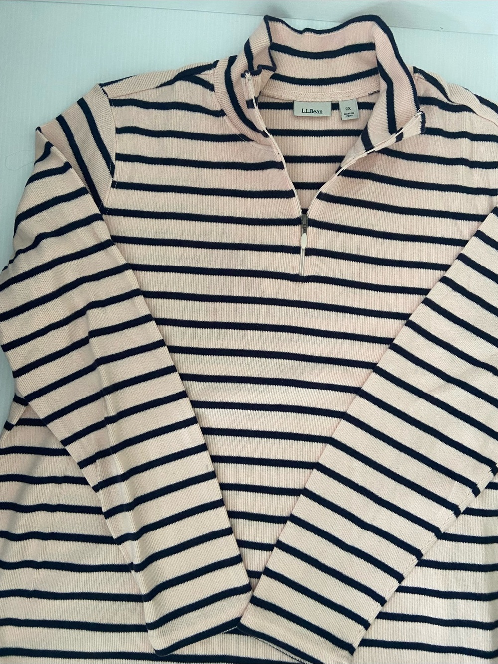 L.L.Bean Navy & Pale Pink Striped Quarter-Zip Sweater Top